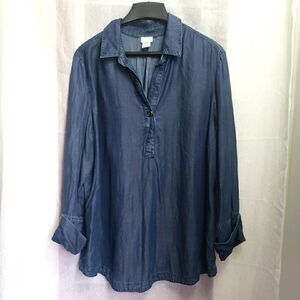 Chico's Medium Wash Long Sleeve Collared V-Neck Denim Blouse Size 3 US XL 16/18